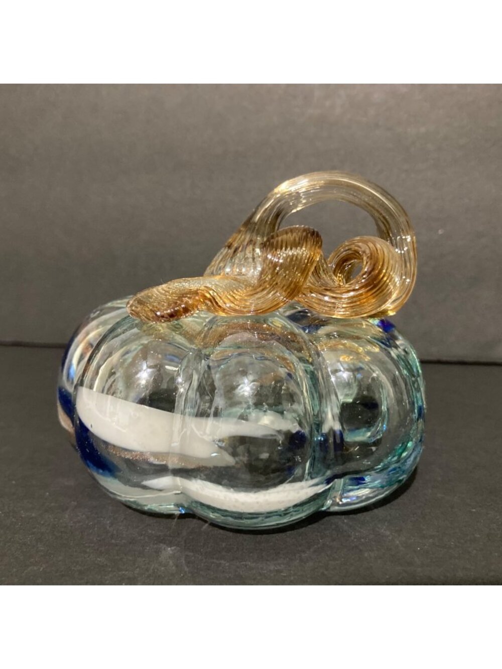 Handblown Glass Pumpkin With Swirling Blue White And Gold Accents